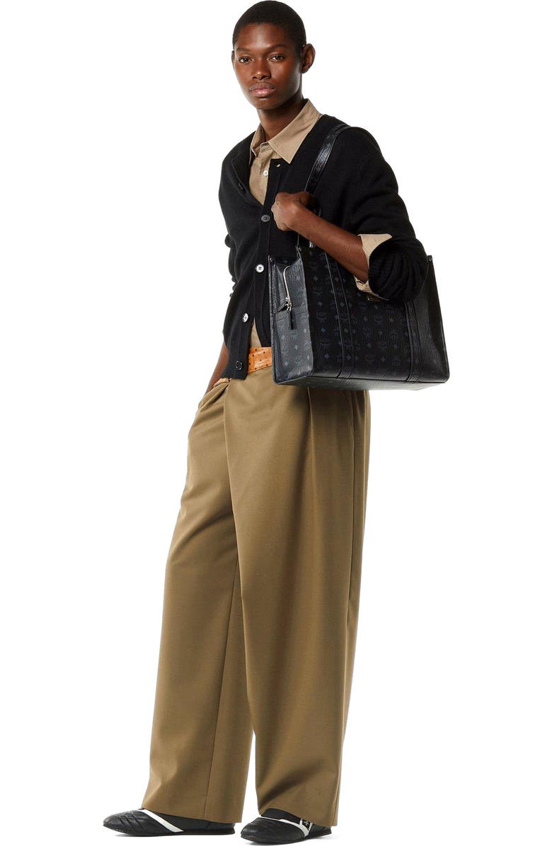 MCM Small Aren School Bag Tote in Visetos, Alternate, color, Black