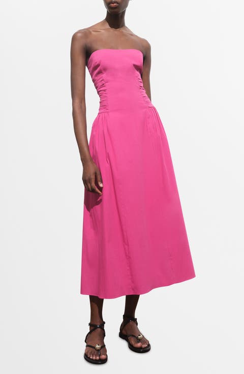 Strapless Cotton Blend Midi Dress