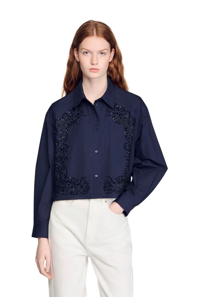 Floral embroidered cotton shirt, Main, color, Navy blue
