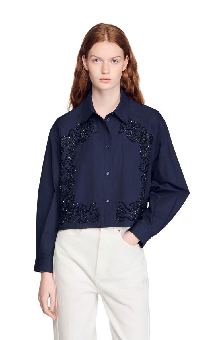 SANDRO Floral embroidered cotton shirt, Main, color, Navy Blue