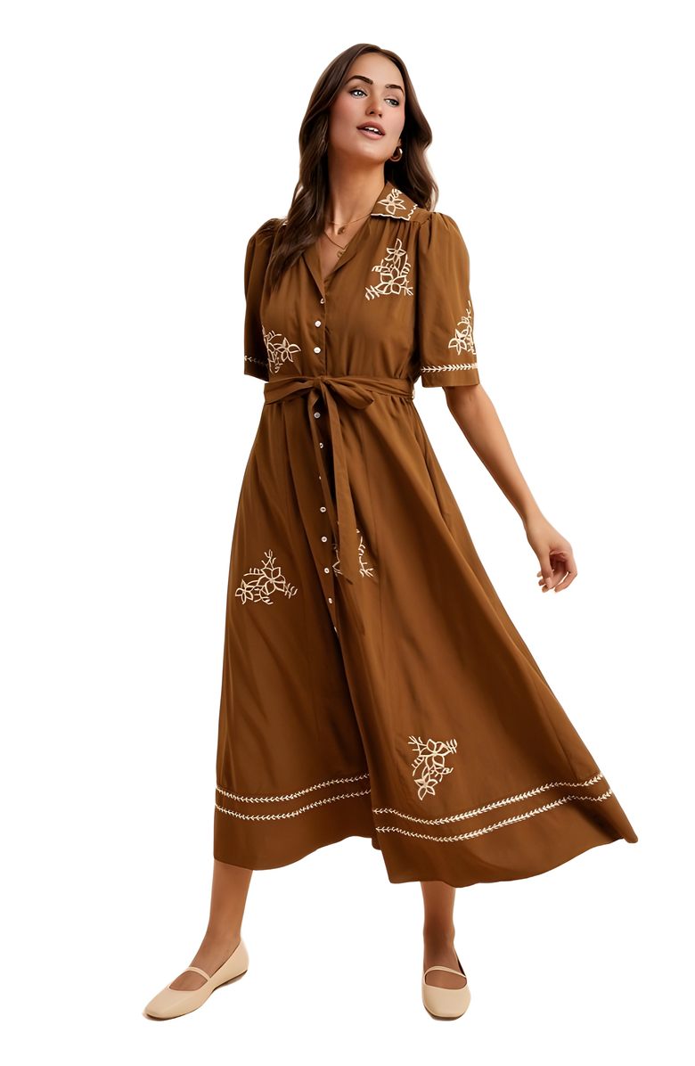 Knit and Lounge Button-Down Maxi Dress with Embroidery and Waist Tie, Alternate, color, Brown