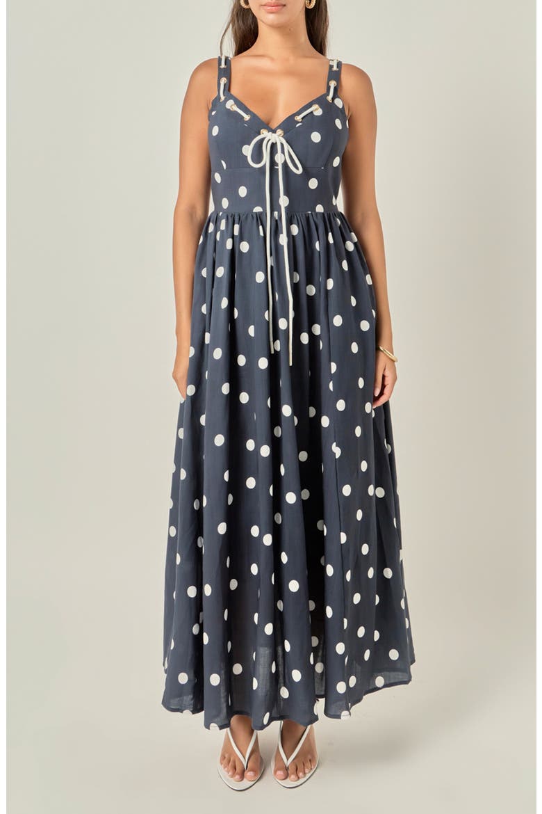 Polka Dot Linen Blend Maxi Dress, Main, color, NAVY/ OFF WHITE