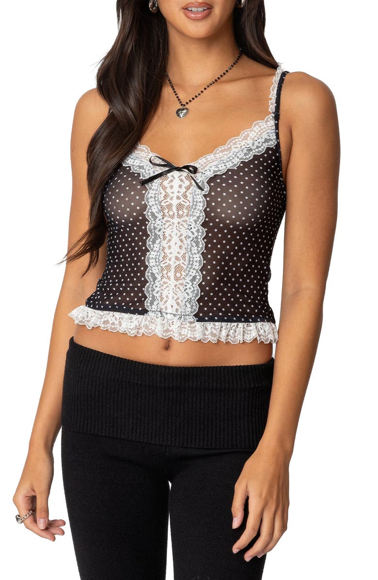 EDIKTED Polka Dot Lace Trim Mesh Camisole, Main, color, Black-And-White