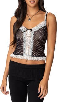 EDIKTED Polka Dot Lace Trim Mesh Camisole
