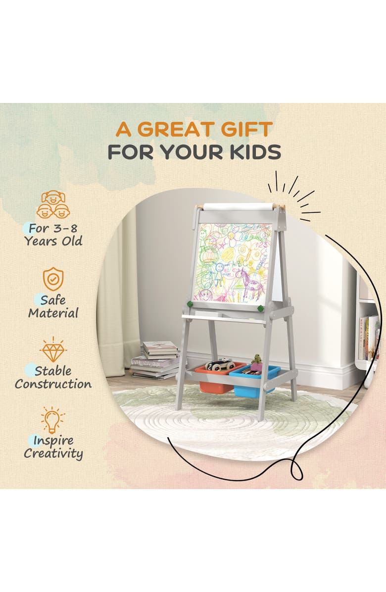 Qaba Kids Art Easel with Paper Roll, Double Sided Boards & Storage, Alternate, color, Gray
