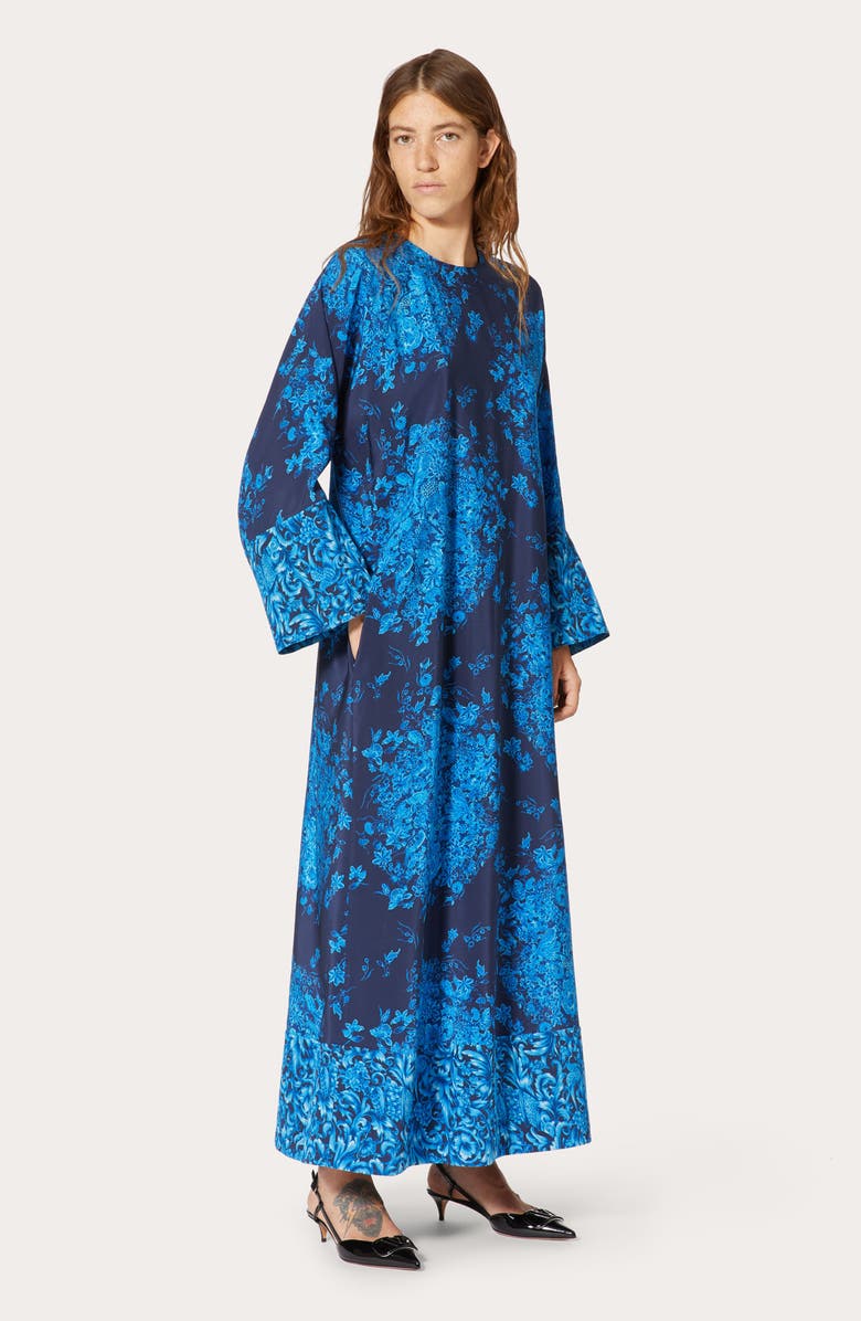 Valentino Delft Floral Print Long Sleeve Silk Caftan Maxi Dress, Alternate, color, 