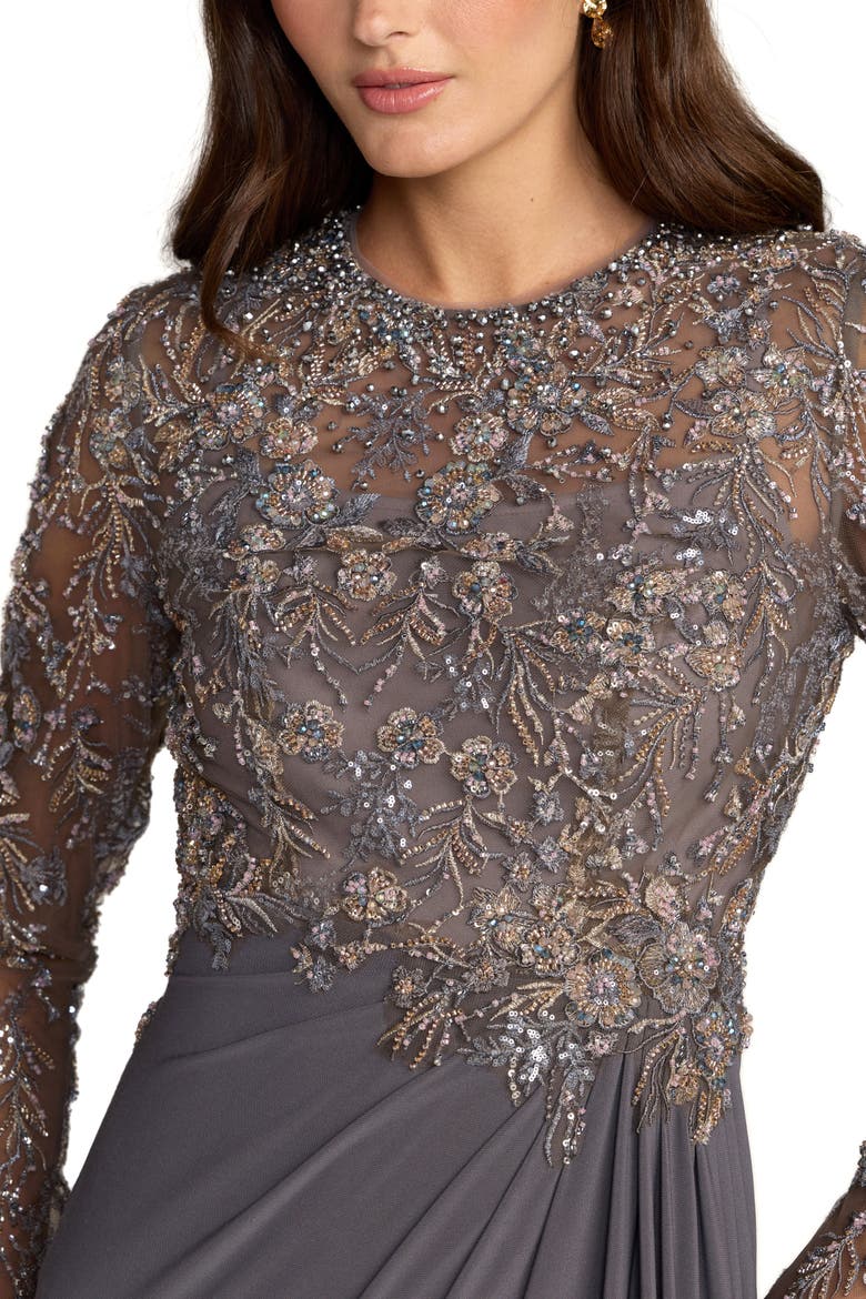 Long Sleeve Jersey Beaded Embroidered Gown, Alternate, color, Charcoal