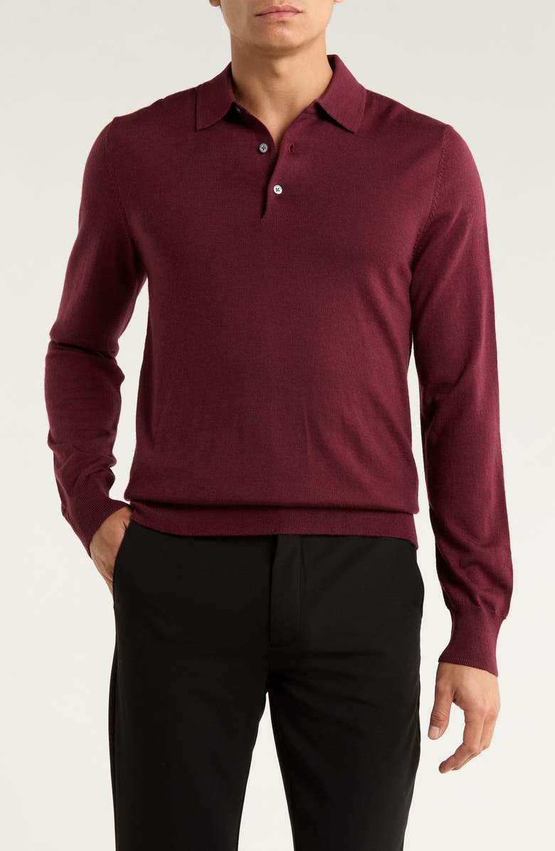 Brooks Brothers Swift Merino Wool Long Sleeve Polo, Main, color, Burgundy