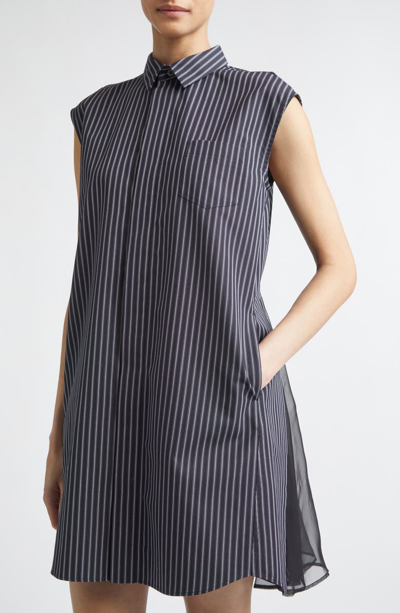 Sacai Stripe Cap Sleeve Poplin & Chiffon Shirtdress, Alternate, color, Navy Stripe