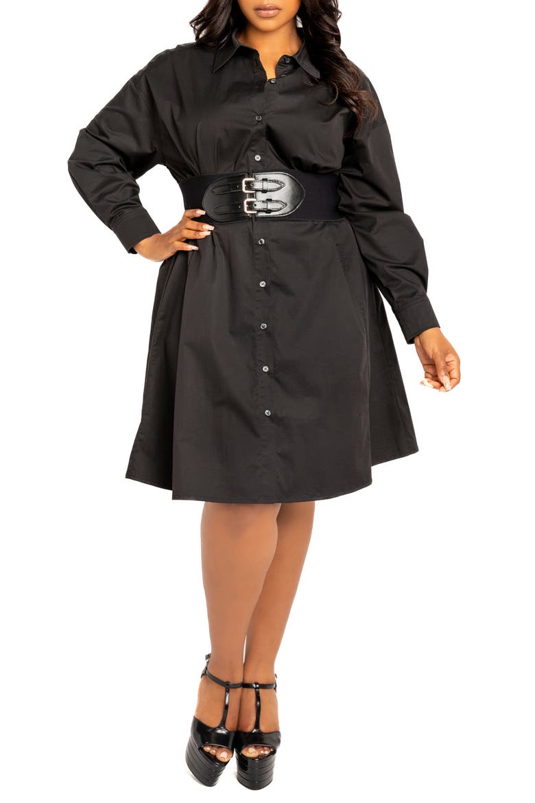 Cinch Waist Long Sleeve Belt Cotton blend Shirtdress, Main, color, BLACK