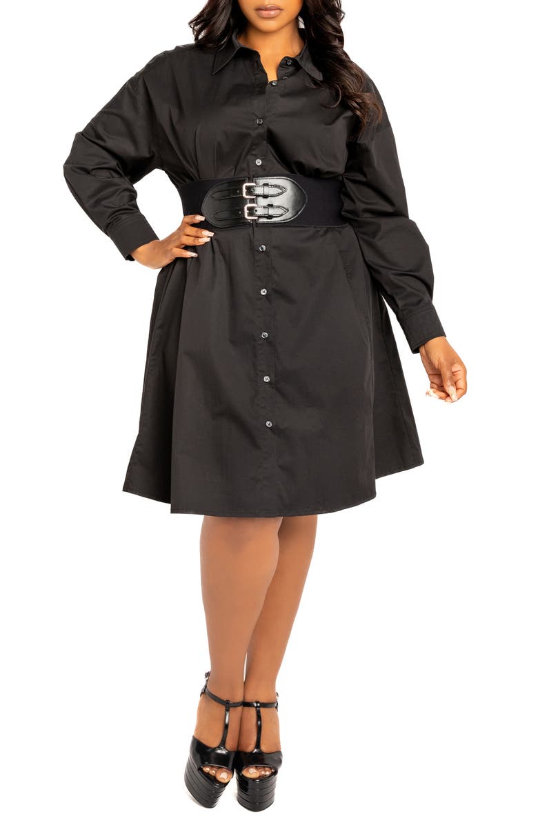 BUXOM COUTURE Cinch Waist Long Sleeve Belt Cotton blend Shirtdress, Main, color, Black