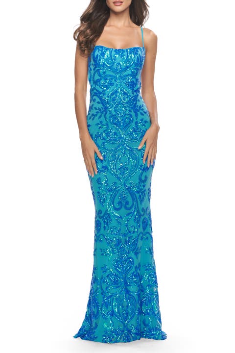 Print Sequin Gown with Square Neckline