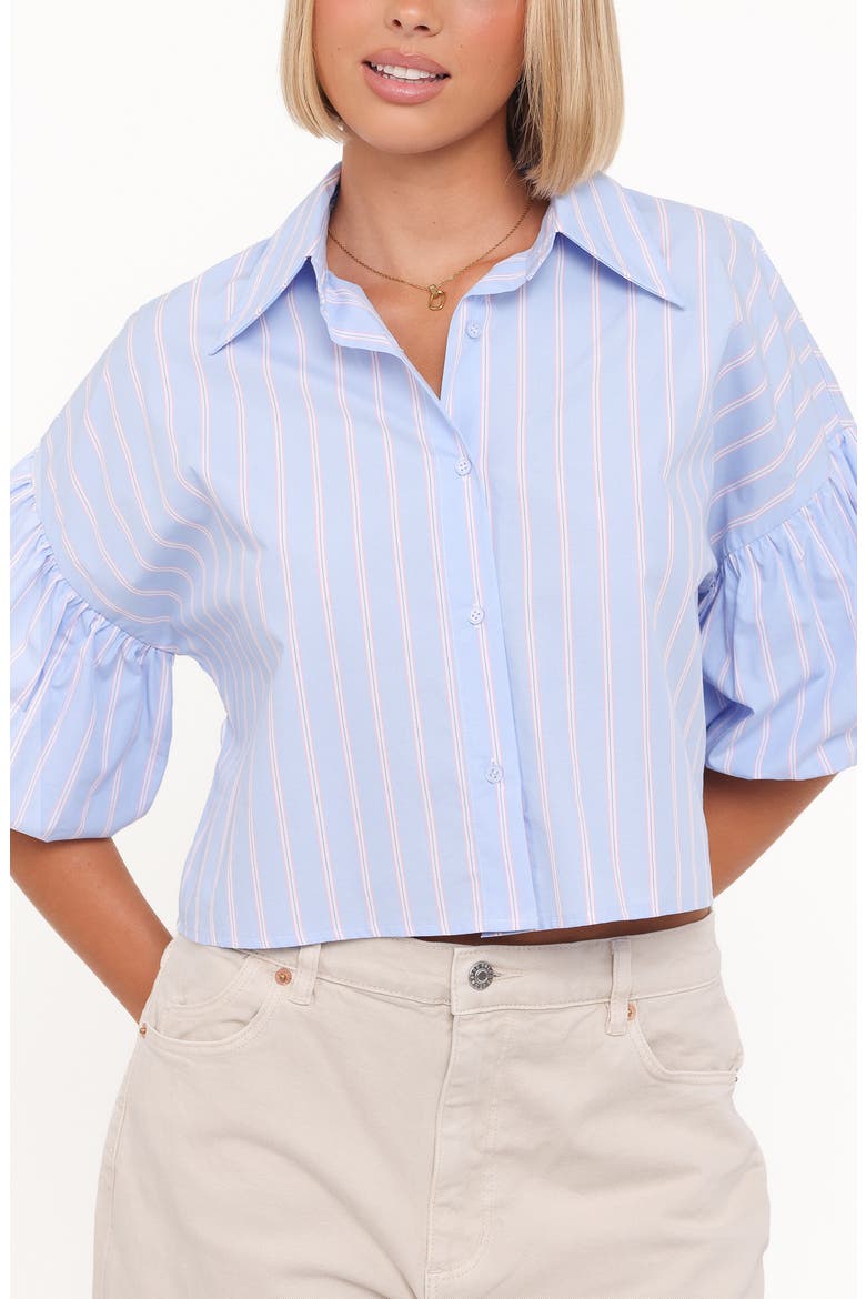Zella Stripe Puff Sleeve Cotton Button-Up Shirt, Alternate, color, BLUE WHITE STRIPE
