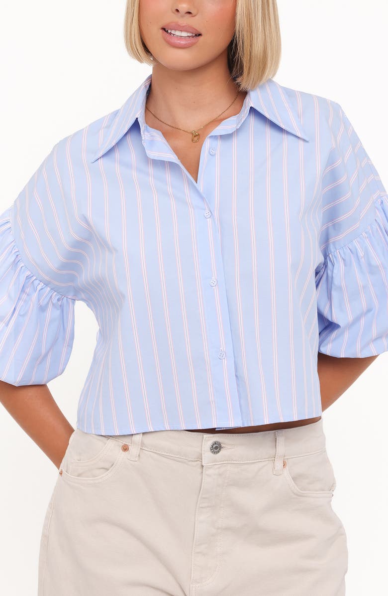 Petal & Pup Zella Stripe Puff Sleeve Cotton Button-Up Shirt, Alternate, color, Blue White Stripe