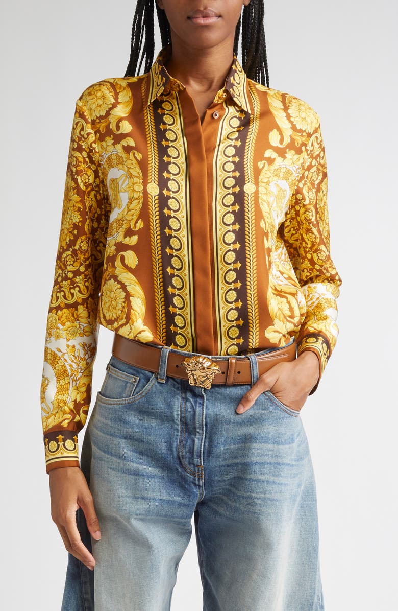 Versace Barocco 92 Silk Twill Button-Up Shirt, Main, color, Dark Brown Spice