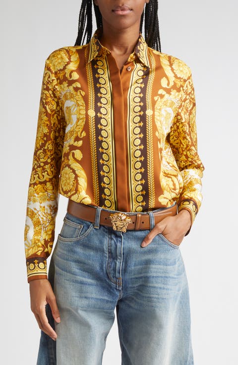 Tシャツ・カットソー VERSACE Women Tunic Tops 1018898 1A13610 270 Beige 1978 Re-Edition Logo Safety Pin Crop T-Shirt Beige | VERSACE US