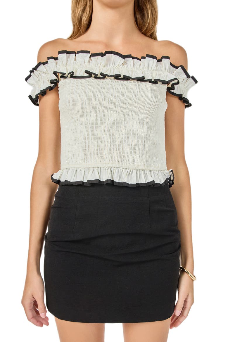 Off the Shoulder Ruffle Trim Smocked Top, Alternate, color, IVORY