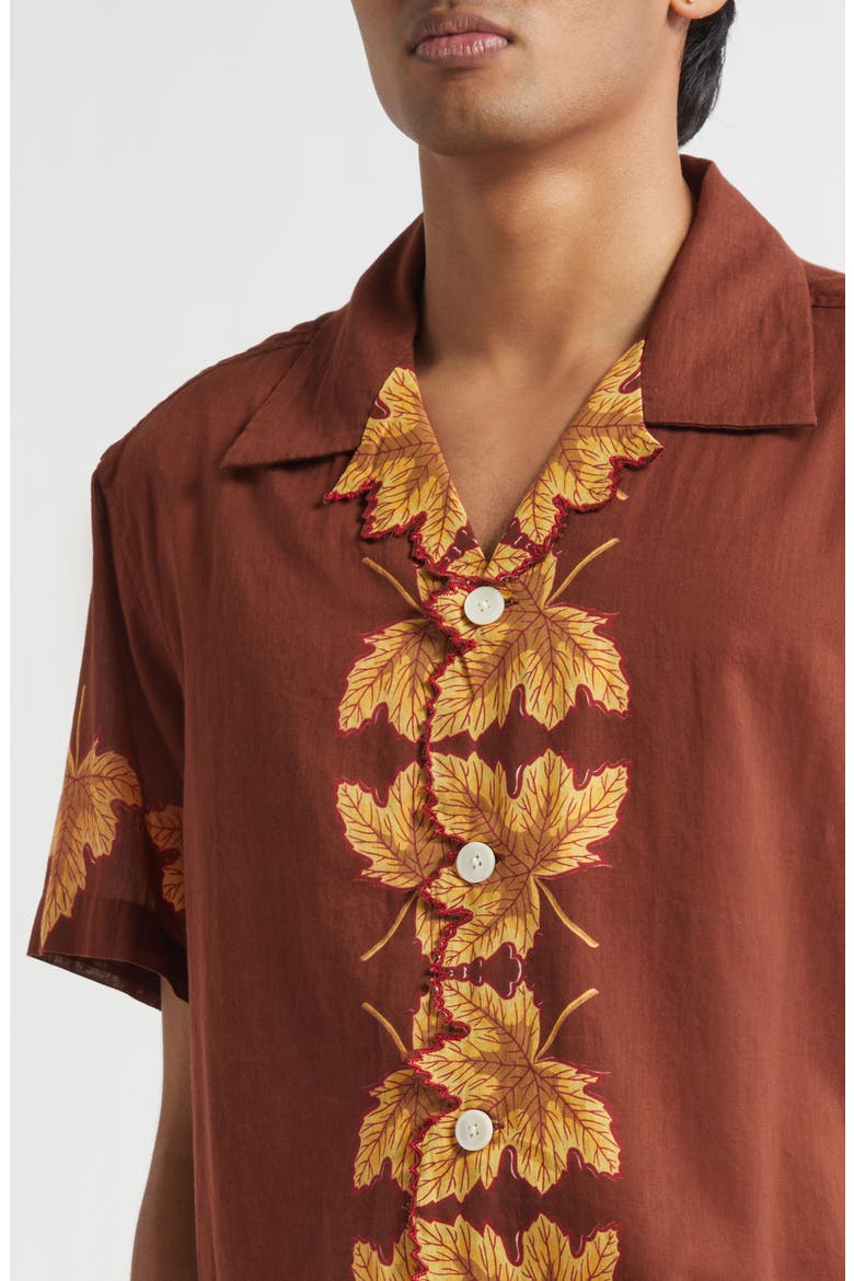 Harvest Floor Leaf Appliqué Camp Shirt, Alternate, color, AUBURN