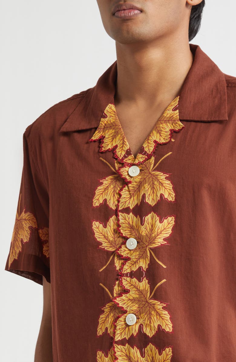 Bode Harvest Floor Leaf Appliqué Camp Shirt, Alternate, color, Auburn