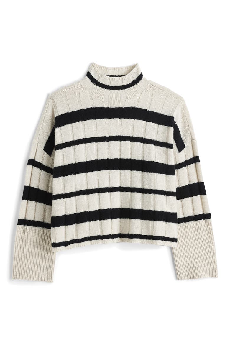 Stripe Rib Cashmere & Wool Blend Funnel Neck Sweater, Alternate, color, BLACK/WHITE STRIPE