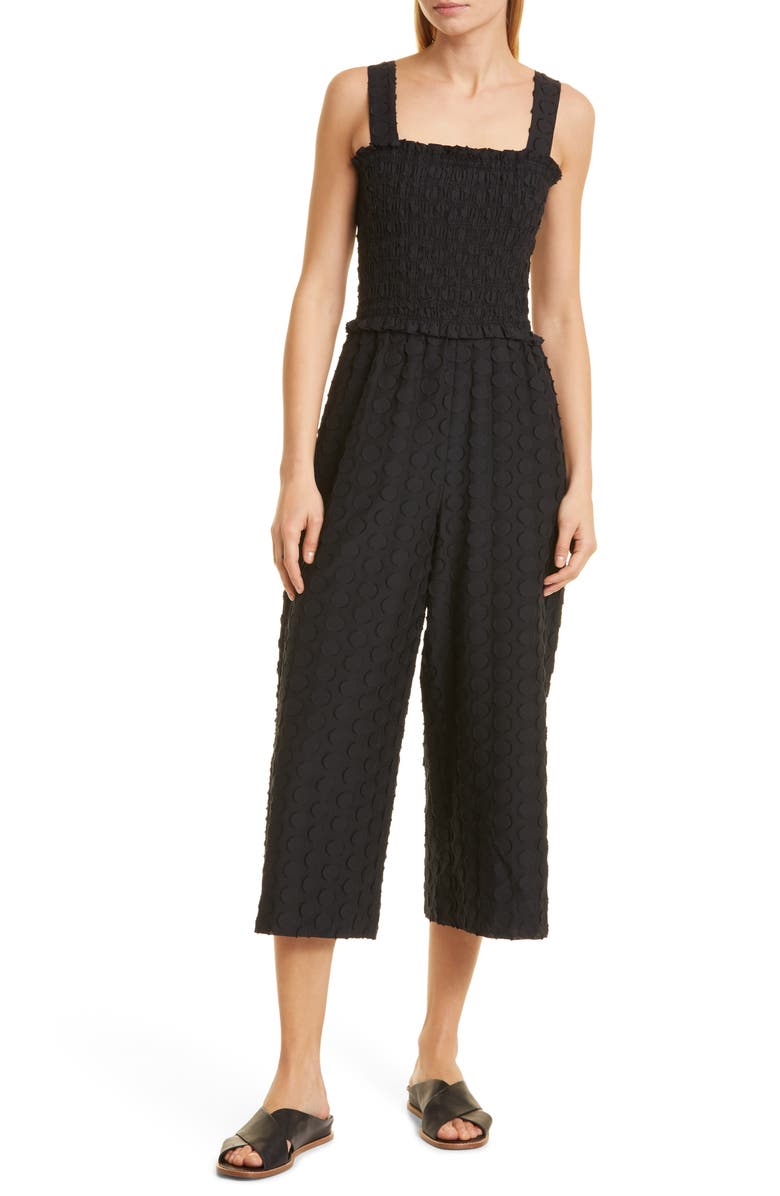 Club Monaco Polka Dot Smocked Cotton Blend Jumpsuit, Main, color, 