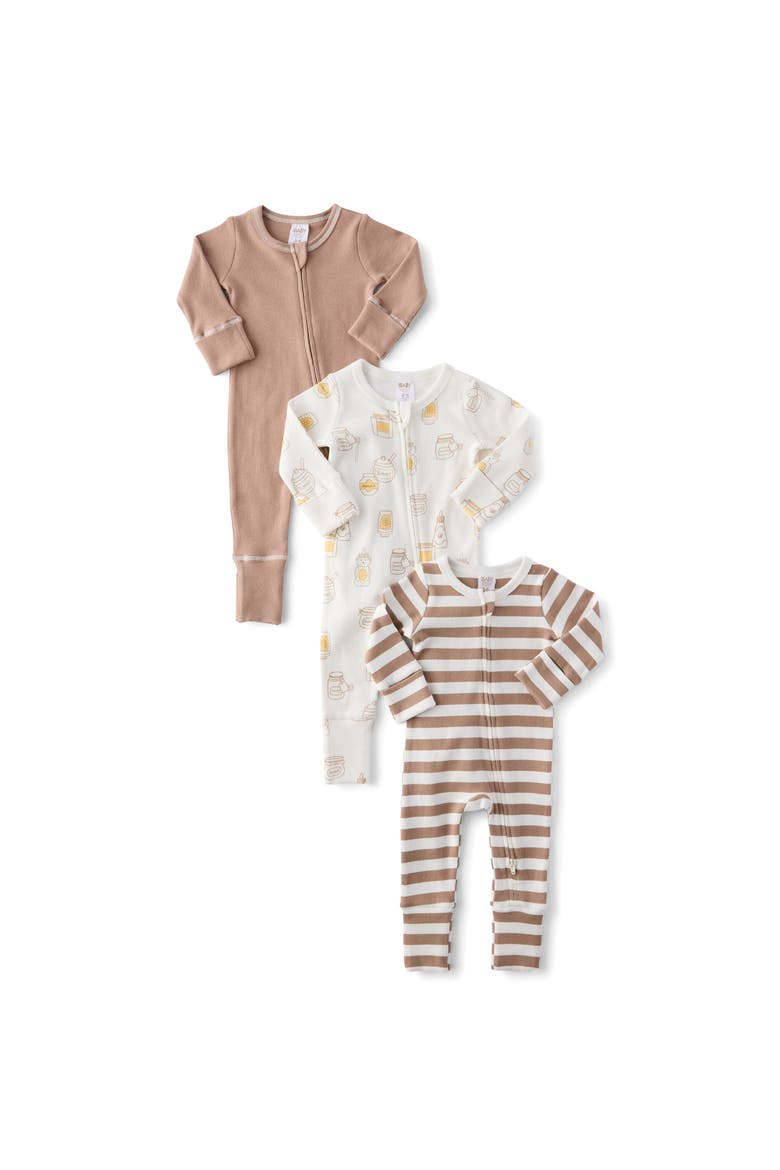 The 3Pk Remi Long Sleeve Zip Romper, Main, color, Oatmilk Honey Bear