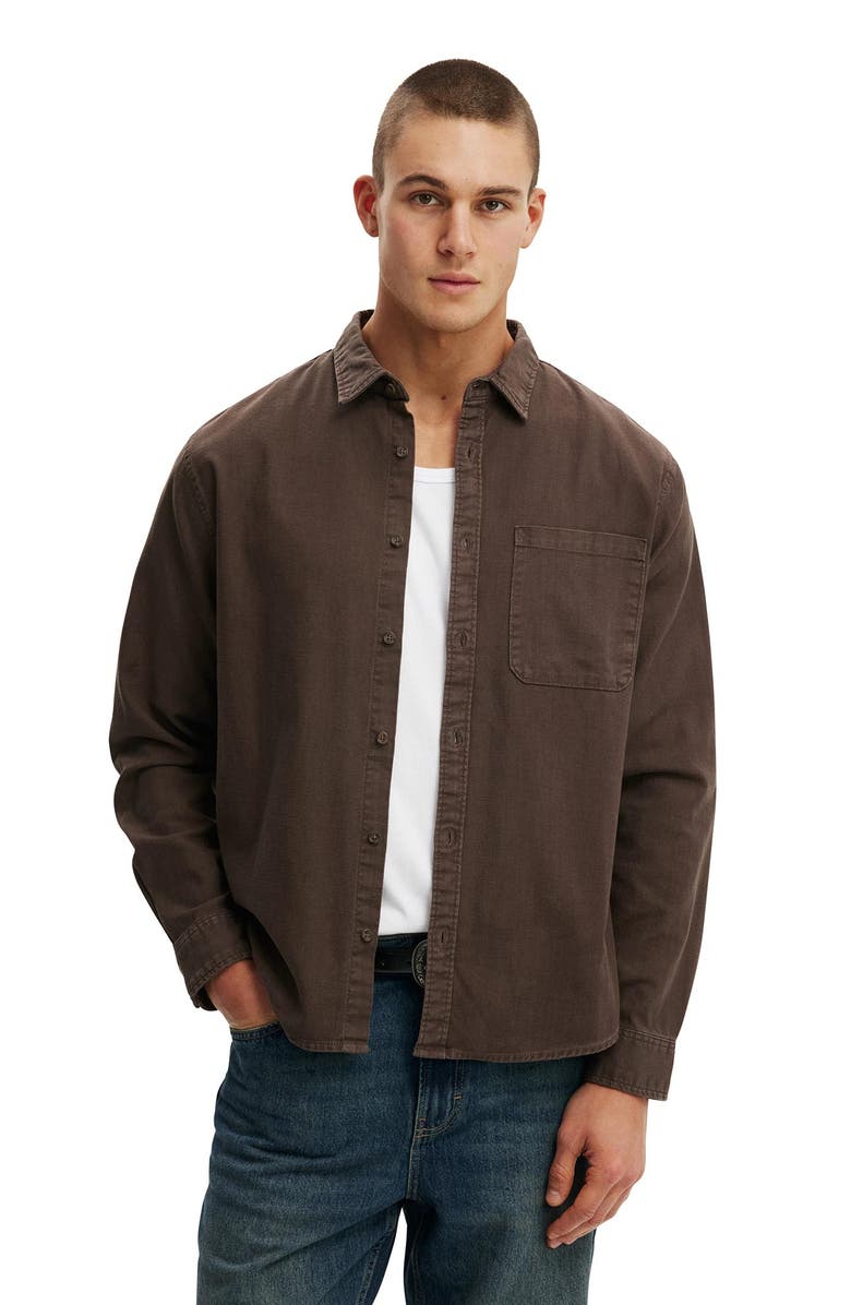 Cotton On Men's Lewis Long Sleeve Shirt, Main, color, Washed Chocolate