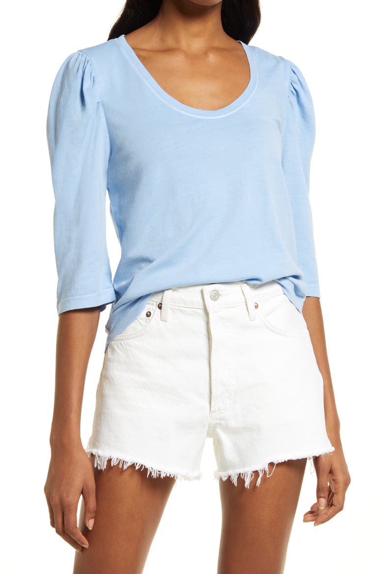 U-Neck Puff Sleeve Organic Cotton Blend Top, Main, color, BLUE THREAD