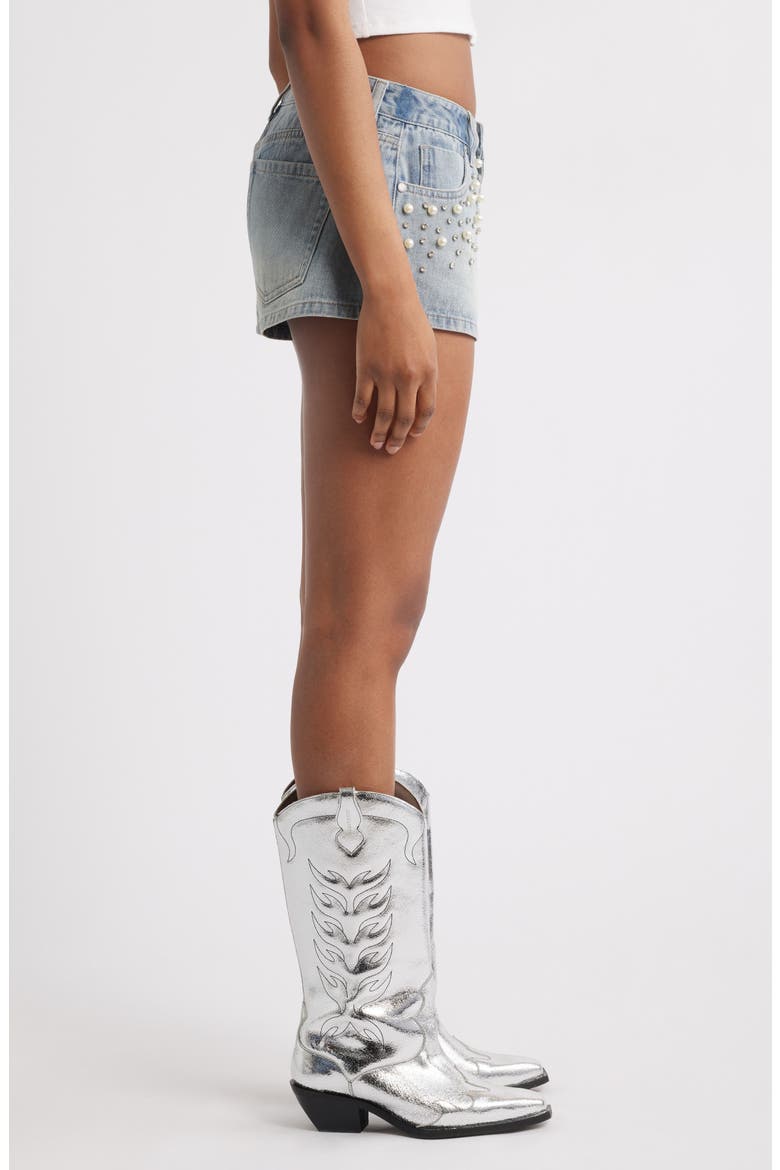 Ruby Imitation Pearl & Rhinestone Detail Denim Shorts, Alternate, color, LIGHT WASH