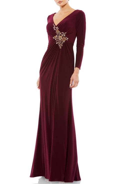 Faux Wrap Long Sleeve Appliqué Detail Gown