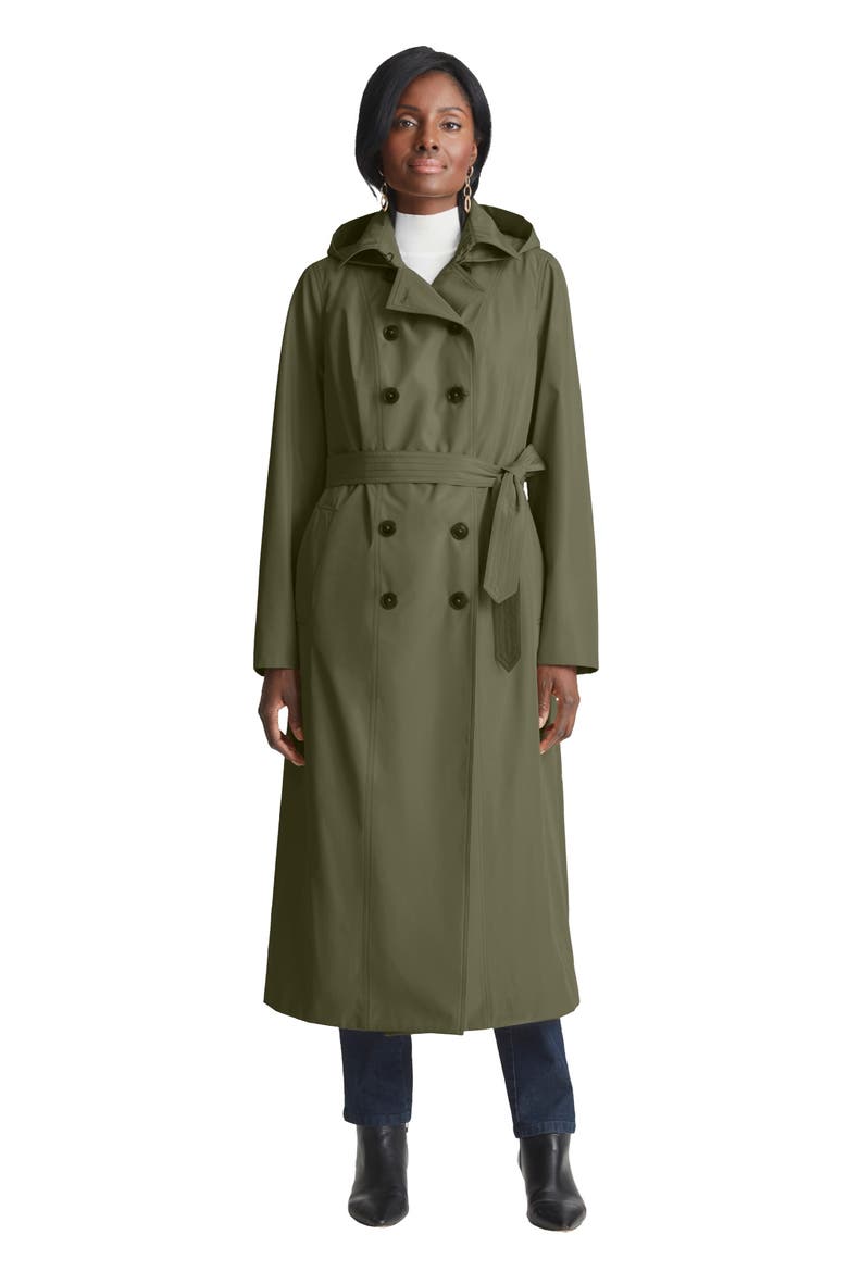 Double Breasted Long Trench Raincoat, Main, color, DARK OLIVE GREEN