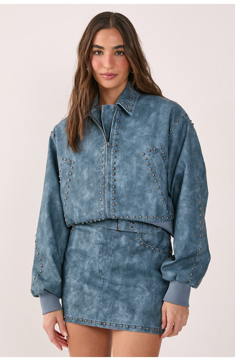 NASTY GAL Leather Studded Bomber Jacket, Main, color, Blue