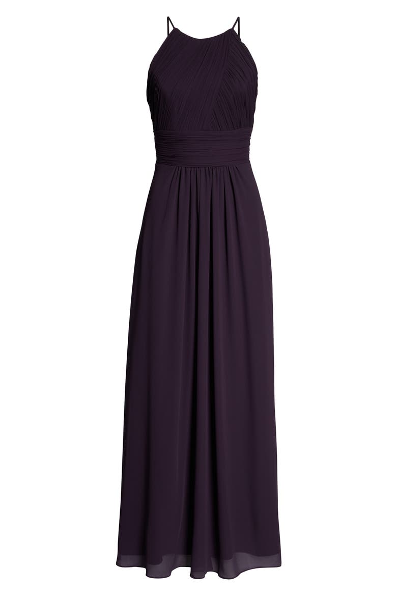 Low Back Pleat Chiffon A-Line Gown, Alternate, color, PLUM
