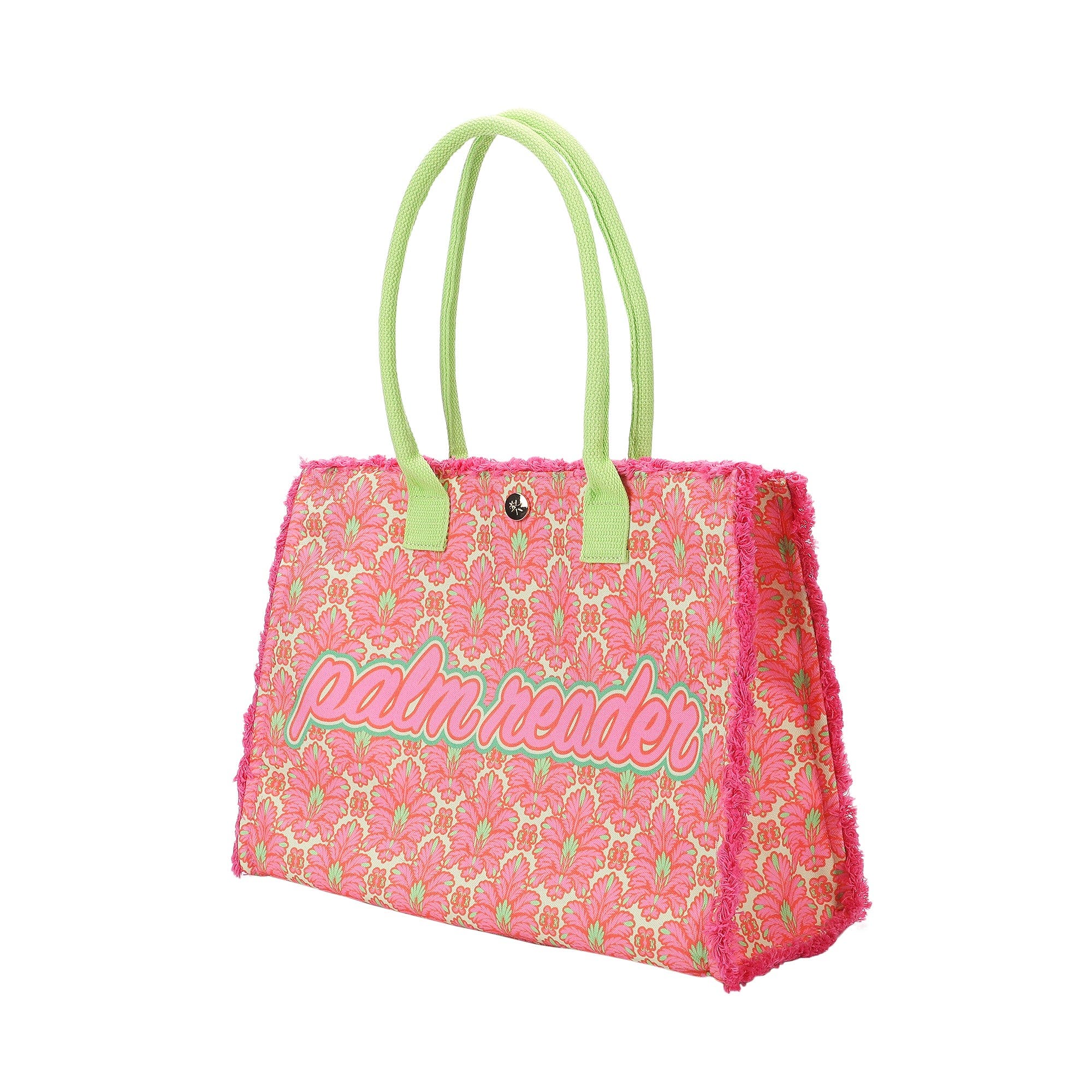 Palm Reader Tropical Canvas Fringe Tote Bag - All-Over Palm Print with Frayed Fringe, Corded Handles, Zippered Pocket, and Confetti Lining, Alternate, color, Pink