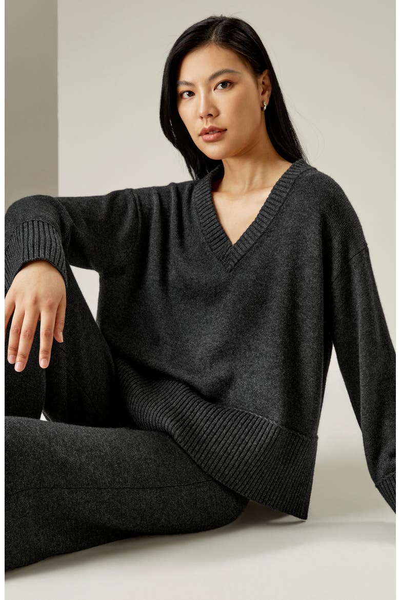 Women's V Neck Wool-Cashmere Blend Hoodie, Alternate, color, Dark Gray