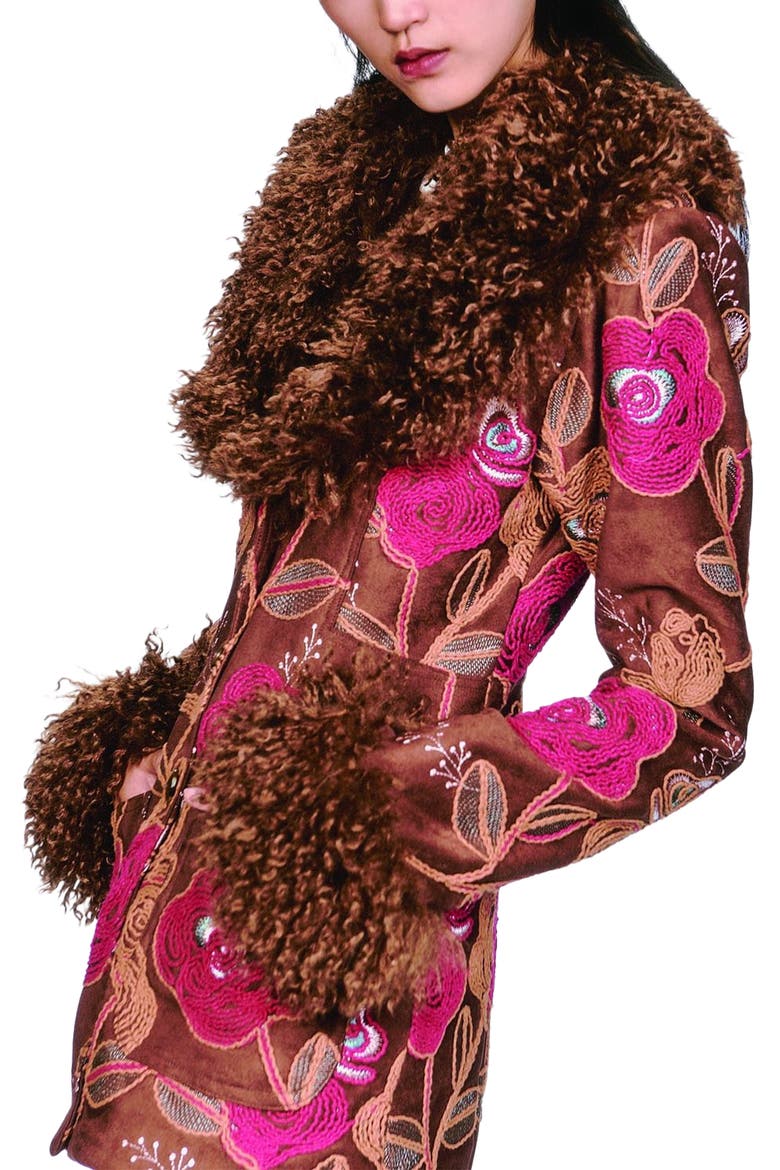 Poiret Rose Embroidered Faux Suede Faux Fur Trim Jacket, Alternate, color, Caramel Multi