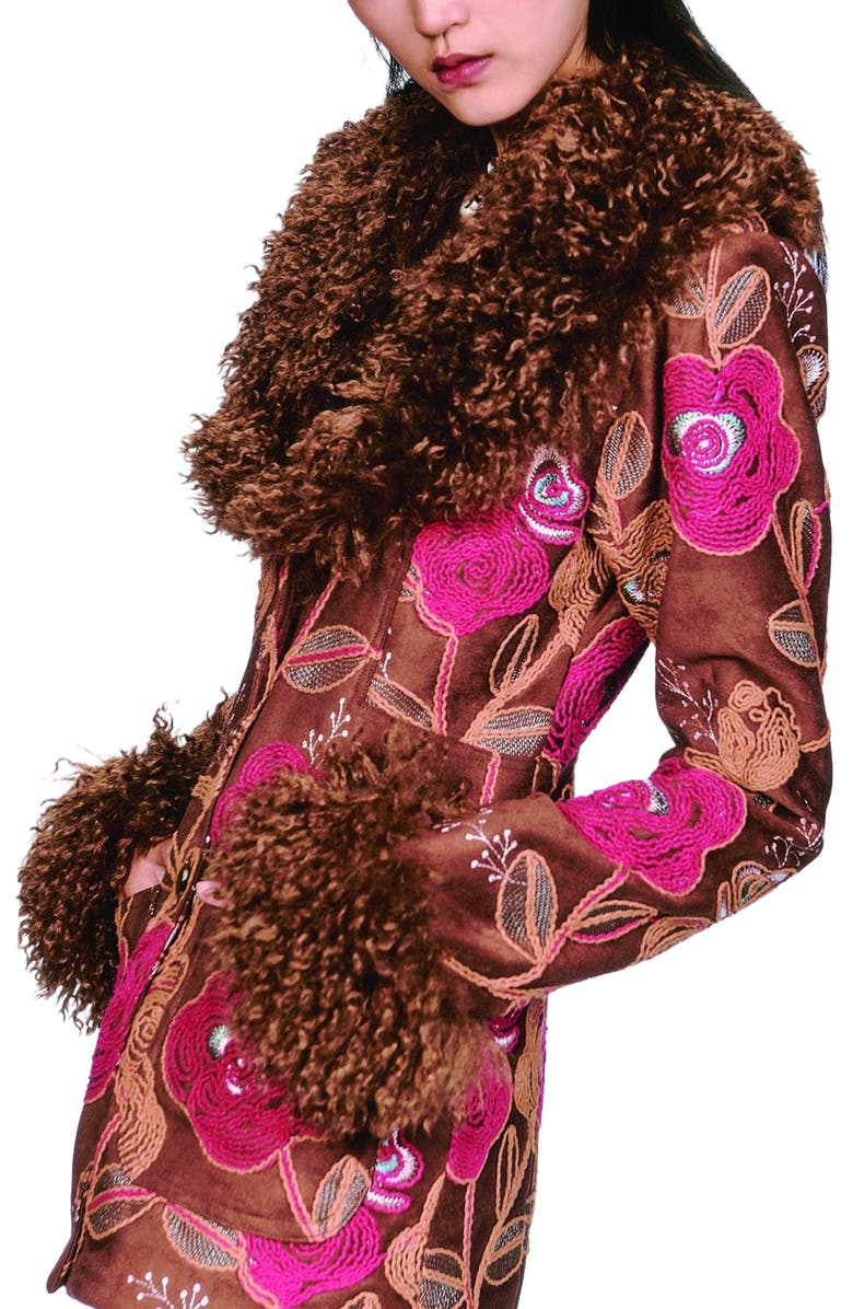 Anna Sui Poiret Rose Embroidered Faux Suede Faux Fur Trim Jacket, Alternate, color, Caramel Multi