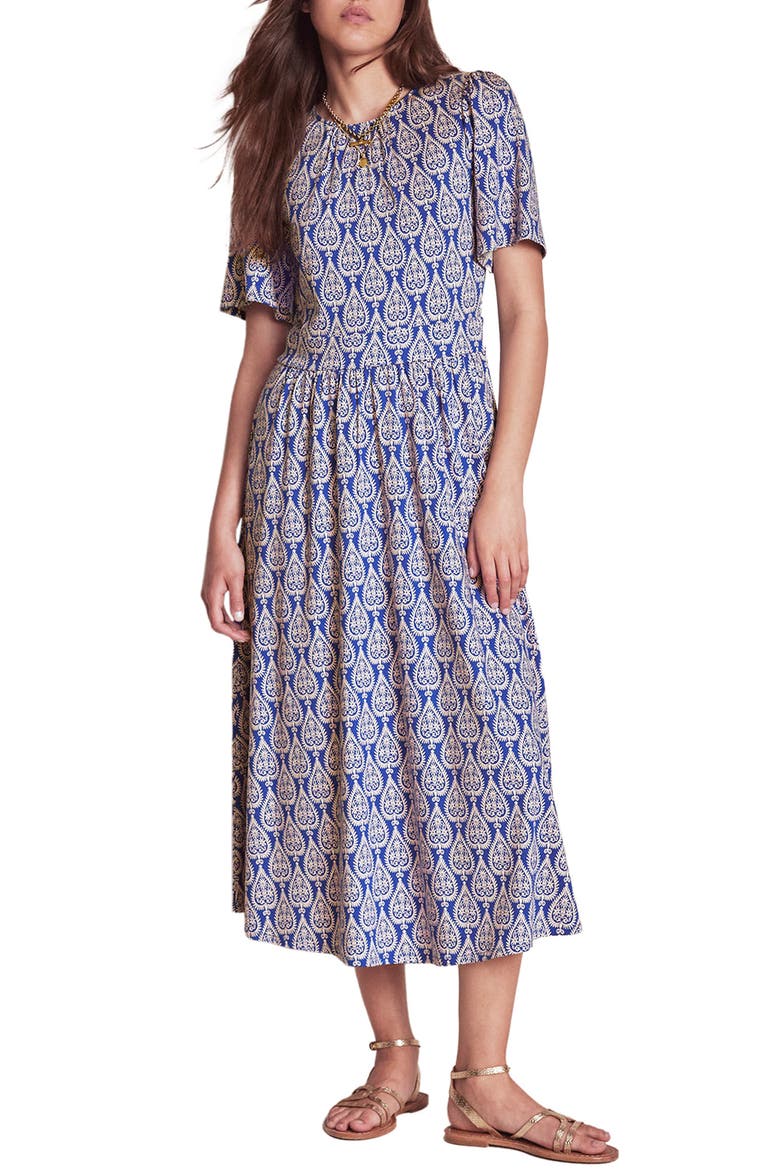Louisa Print Jersey Midi Dress, Main, color, BRIGHT BLUE ORNATE GEO