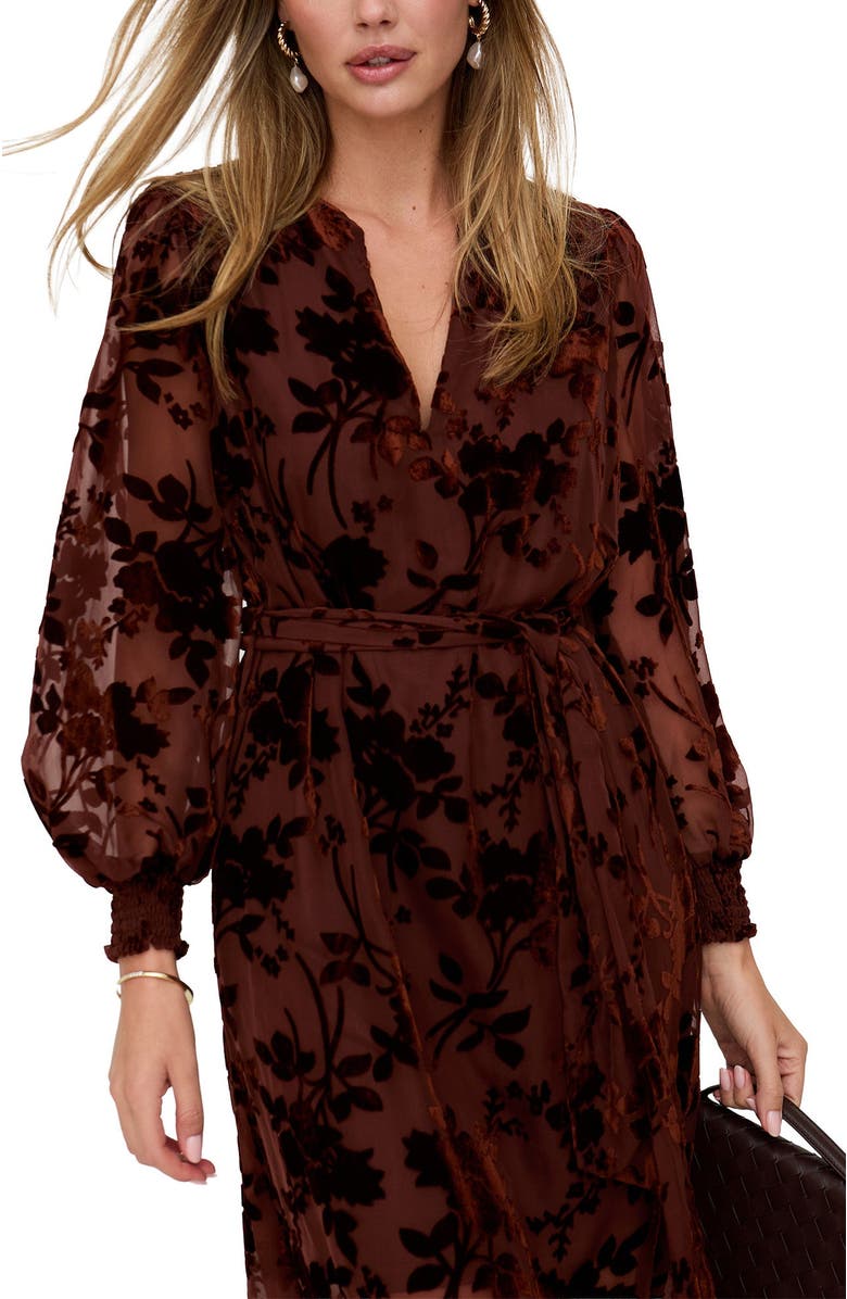 Lily and Lionel London Brezze High Neck Velvet Burnout Maxi Dress, Alternate, color, Brown