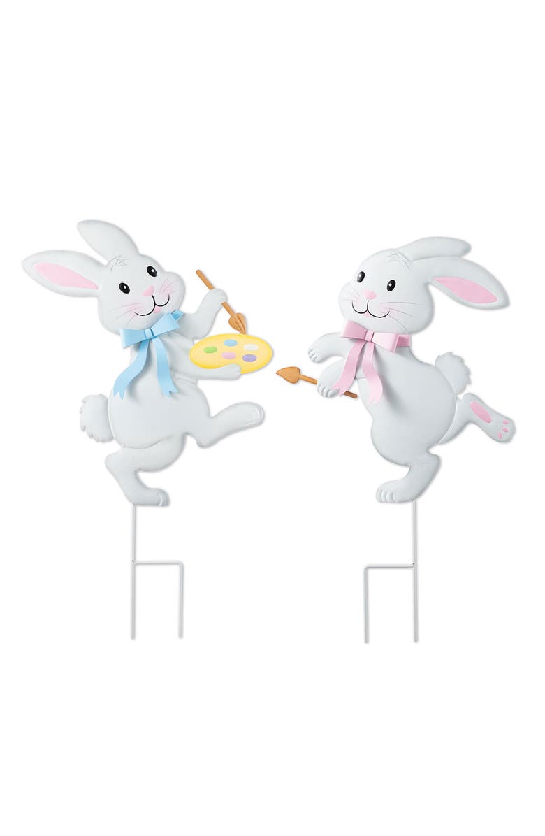 Glitzhome Set of 2 Easter Metal Bunny & Egg Yard Stake, Main, color, White