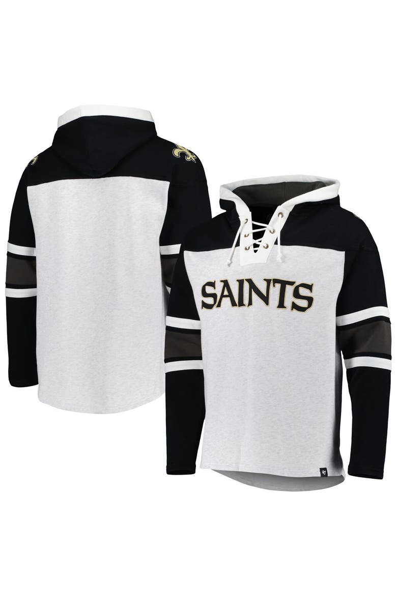 Men's '47 New Orleans Saints Heather Gray Gridiron Lace-Up Pullover Hoodie, Main, color, Gray