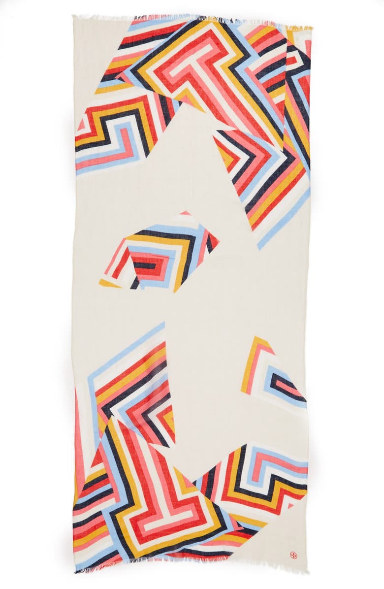 Tory Burch Stripe T-Print Linen Blend Scarf, Alternate, color,