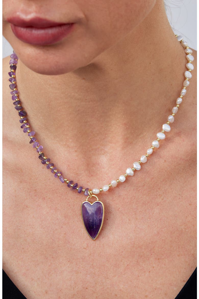 Amethyst Heart Pendant Cultured Pearl & Amethyst Necklace, Alternate, color, PURPLE