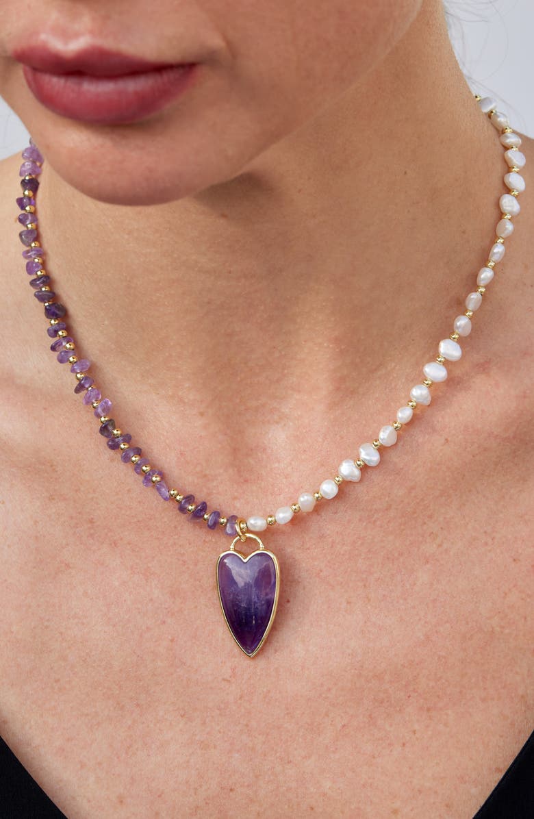 SAVVY CIE JEWELS Amethyst Heart Pendant Cultured Pearl & Amethyst Necklace, Alternate, color, Purple