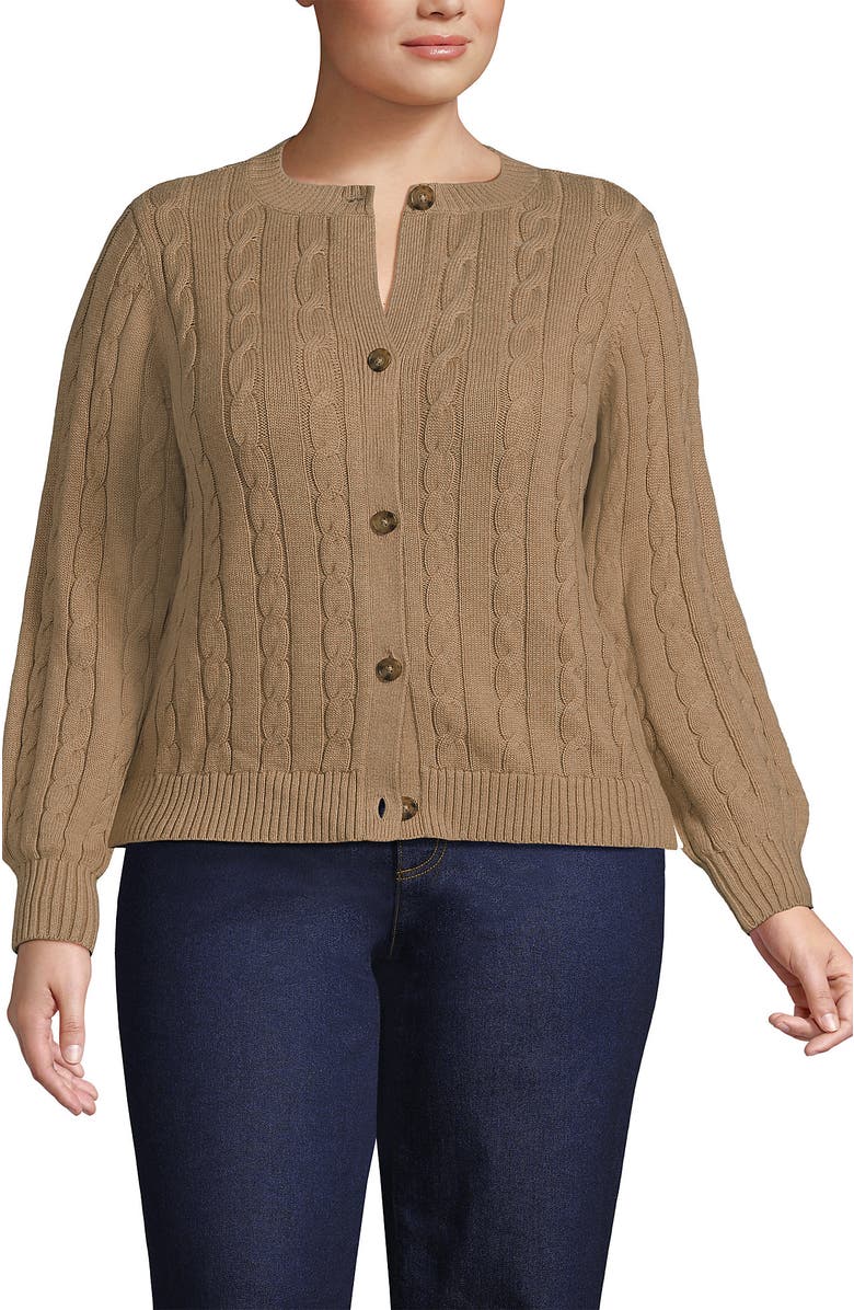 Lands' End Drifter Classic Cable Crew Neck Cardigan Sweater, Main, color, Vicuna Heather