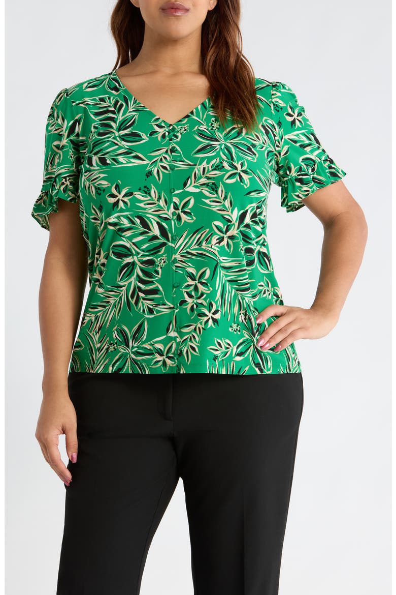 Tropical Floral V-Neck Button-Up Knit Top, Main, color, TROPICAL GREEN MULTI