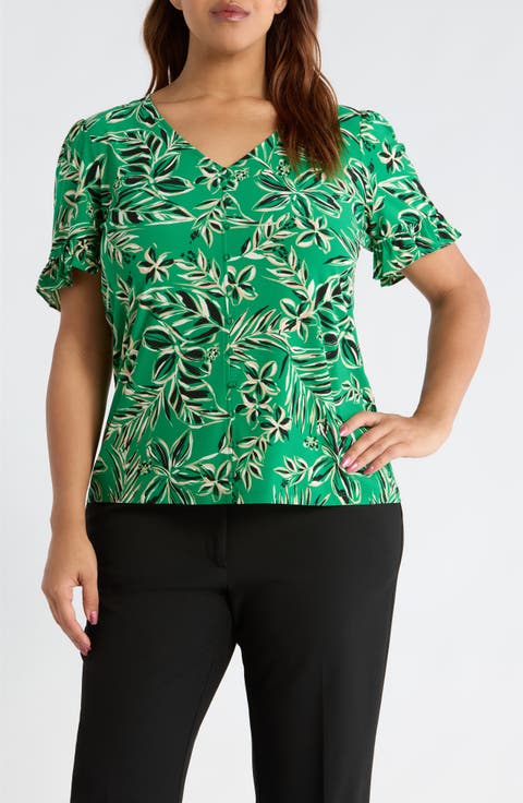 Tropical Floral V-Neck Button-Up Knit Top (Plus)