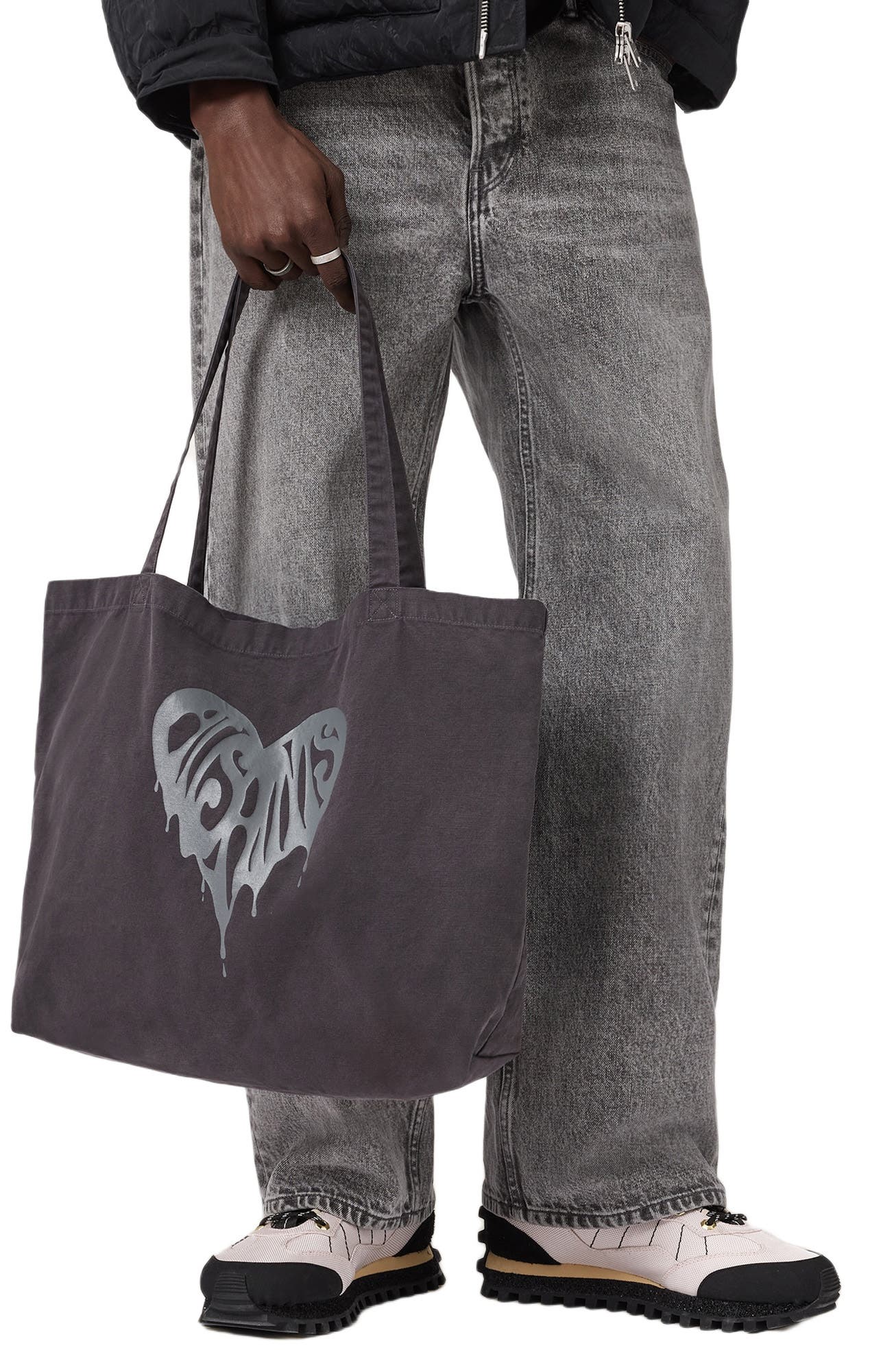 AllSaints Tripp Heart Logo Cotton Canvas Tote, Alternate, color, Washed Black