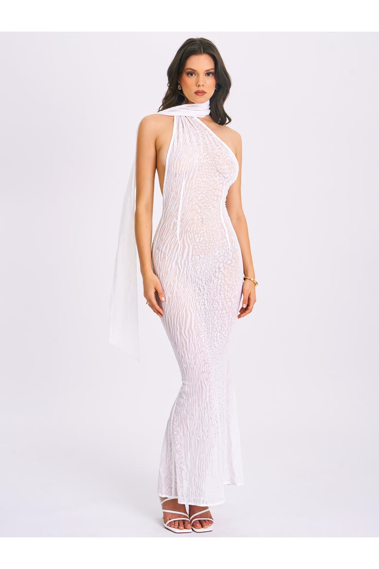 Oleena Burnout Velvet Mesh Halter Neck Maxi Dress, Alternate, color, White
