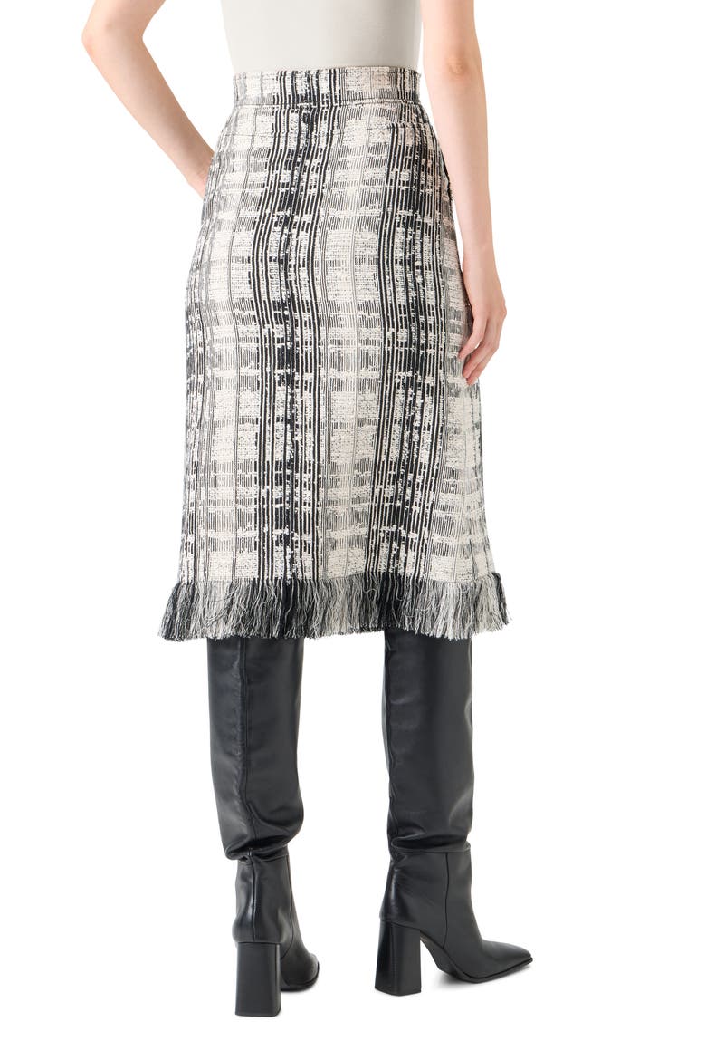 Fringe Trim Mixed Tweed Midi Skirt, Alternate, color, BLACK-IVORY